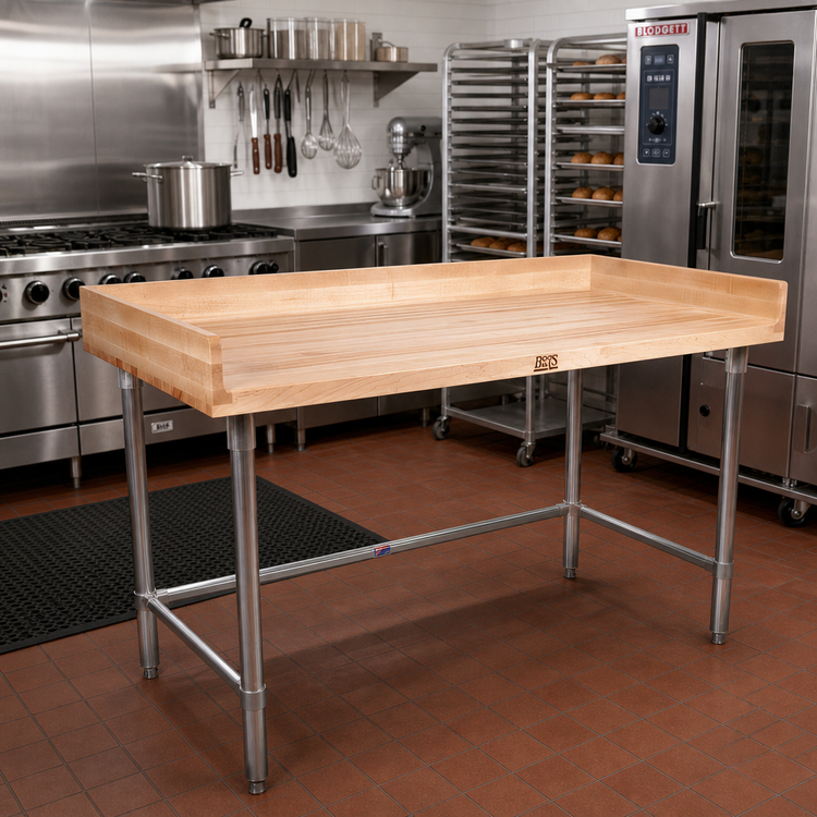 Product image #2 for John Boos 60 x 30-Inch Bakers' Work Table with 1-3/4-Inch Maple Top, 4-Inch Coved Riser, and Stainless Steel Base