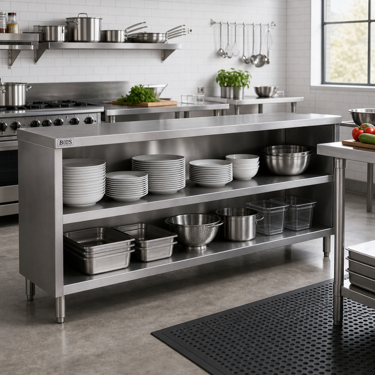 Product image #2 for John Boos 108-Inch Open-Front Stainless Steel Dish Cabinet with Open Base and Mid-Shelf