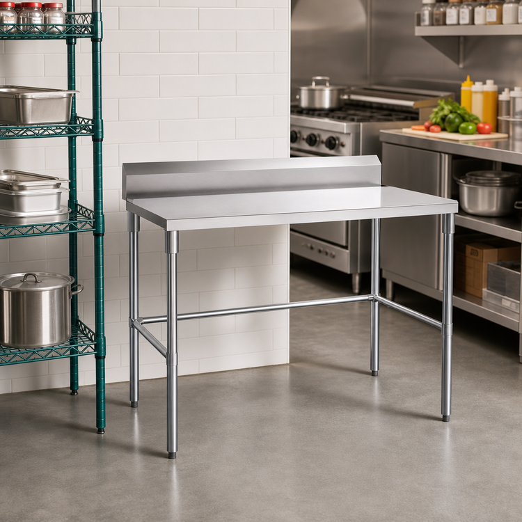 Product image #2 for Sapphire Manufacturing 30 Inch x 24 Inch 430 Stainless Steel Work Table with 5 Inch Backsplash, Beveled Edge, and Open Galvanized Base