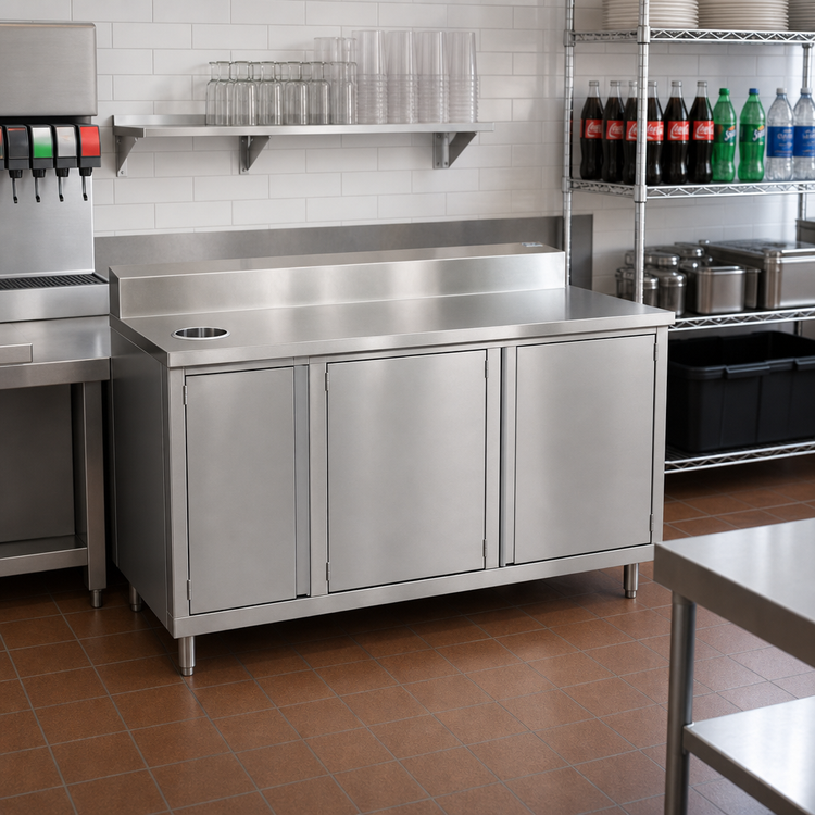 Product image #2 for John Boos 48-Inch x 36-Inch Stainless Steel Beverage Unit Enclosed Work Table with Left Trash Chute and Hinged Doors