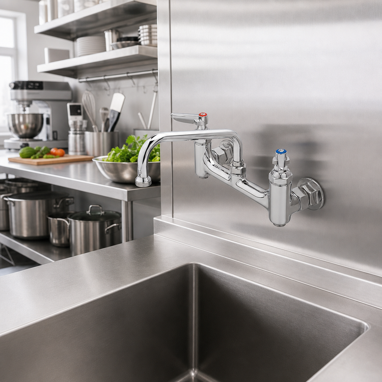 Product image #2 for T&S Brass B-0232-BST Wall-Mounted Sink/Pantry Mixing Faucet with 6-Inch Swing Nozzle, 8-Inch Centers