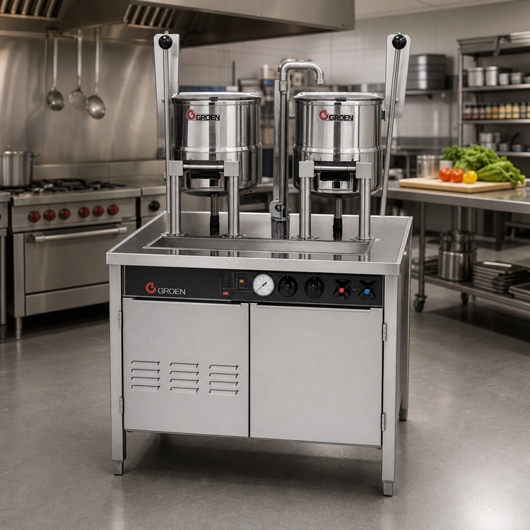 Product image #2 for Groen Electric Dual 20 Quart Hand-Tilt Kettle Cabinet Assembly with 36-Inch Stainless Steel Base