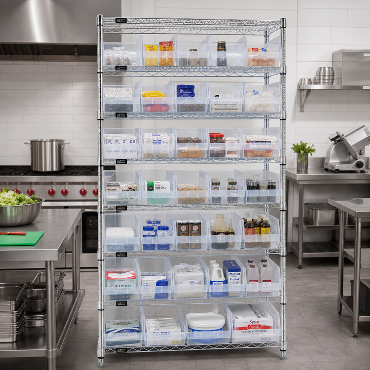 Product image #2 for Quantum WR9-204CL 36-Inch W x 18-Inch D x 74-Inch H Chrome Plated Stationary Wire Shelving System with 9 Shelves and 40 Clear Bins