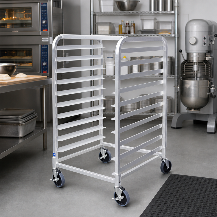 Product image #3 for New Star Foodservice 10-Tier Aluminum Open-Sided Bun Pan Rack with 2 Brake Wheels