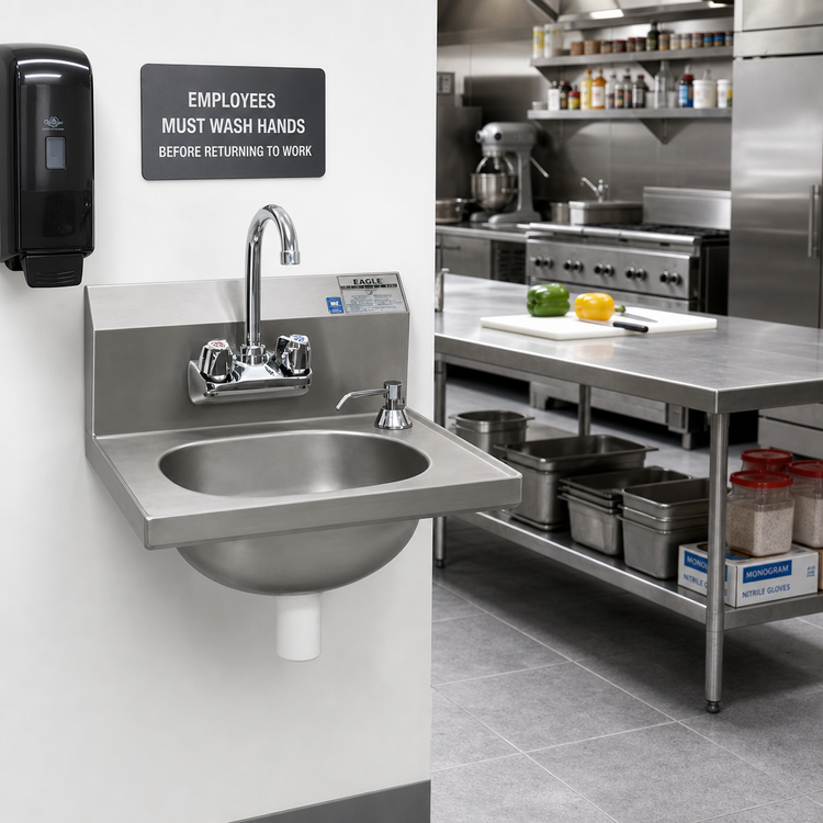 Product image #2 for Eagle Group Wall-Mount 304 Stainless Steel Hand Sink with Gooseneck Faucet, Soap Dispenser and Basket Drain