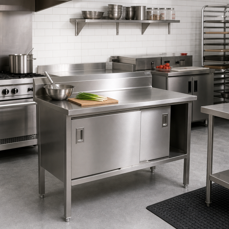 Product image #2 for John Boos Enclosed Work Table with Sliding Doors, 60 x 24 Inch, 14-Gauge 300-Series Stainless Steel Top, 5 Inch Backsplash