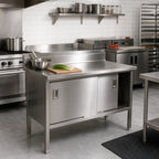 Thumbnail image #2 for John Boos EBSS4R5-2460 Enclosed Stainless Steel Work Table with Sliding-Door Cabinet Base, 60 x 24 in, 14-Gauge 300-Series Top, 5-in Backsplash