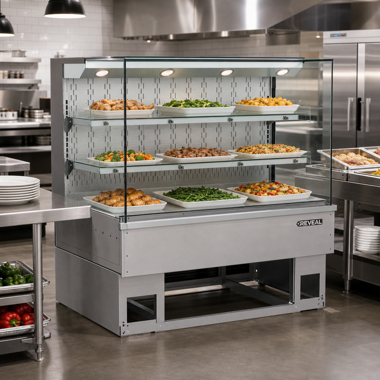 Product image #2 for Reveal® Self-Service Heated Slide-In Counter Case with Convection Heat, LED Lighting, and 2 Adjustable Glass Shelves