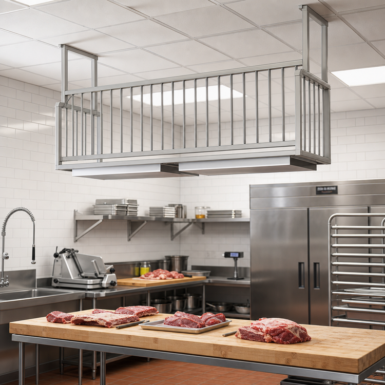 Product image #2 for John Boos Ceiling-Mount Aluminum Meat Boat Rack with Paper Tray, 96 x 20 Inches
