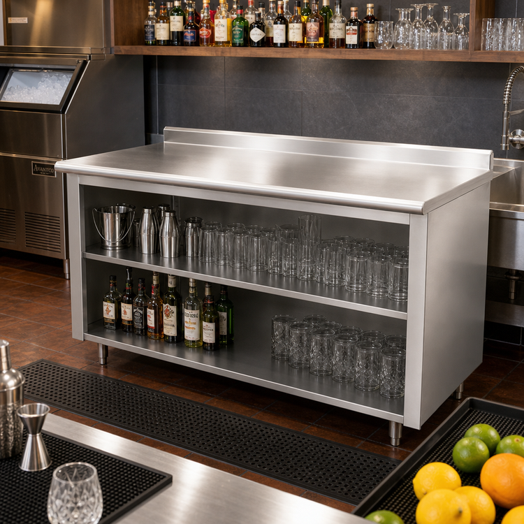 Product image #2 for Advance Tabco 96" x 30" 14-Gauge 304 Stainless Steel Underbar Work Table with Open Front Cabinet Base, Mid-Shelf, and 1-1/2" Rear Up-Turn
