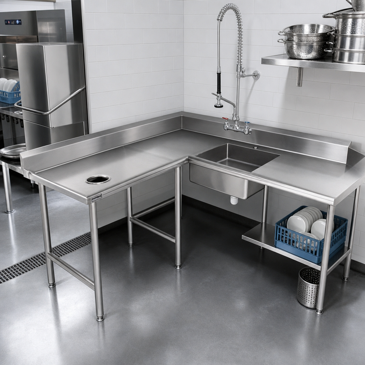 Product image #2 for Spec-Master Corner Design Soiled Dishtable with 20 x 20 x 5 Inch Pre-Rinse Sink, 72 x 60 Inches, 14/304 Stainless Steel