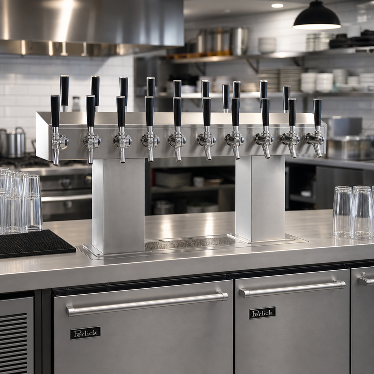 Product image #2 for Perlick Extra-High Back-to-Back Bridge Tee Countertop Glycol-Cooled Draft Beer Tower, 20 Faucets, Stainless Steel
