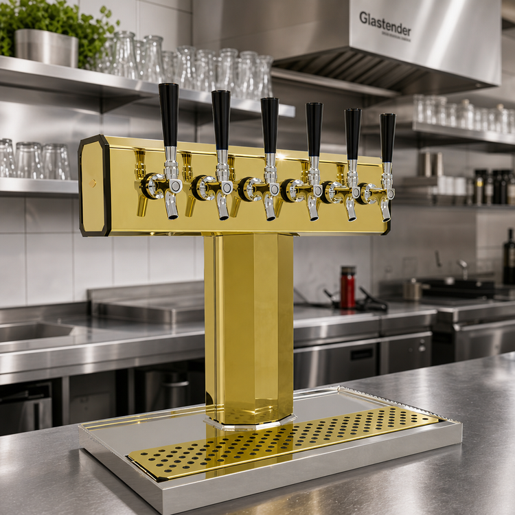 Product image #2 for Glastender Countertop Air-Cooled Tee Draft Dispensing Tower with 6 Faucets, Polished Brass Finish