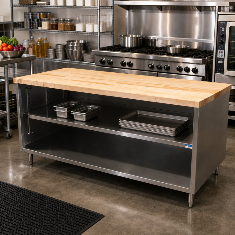 Product image #2 for 72-Inch x 36-Inch Hard Maple Top Chef Table with Stainless Steel Open Front Cabinet Base
