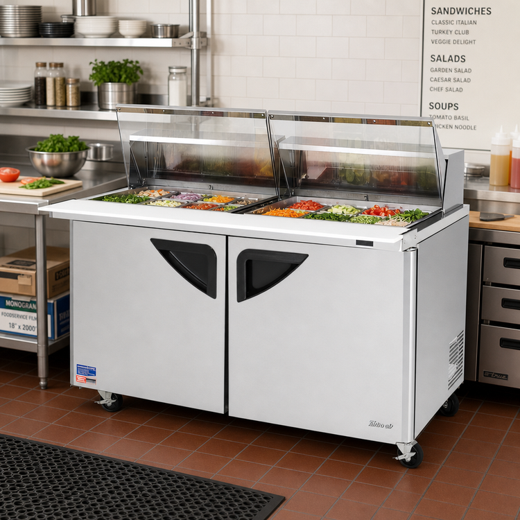 Product image #2 for Turbo Air Super Deluxe 60-Inch Two-Section Sandwich/Salad Mega Top Prep Table with Clear Lids, 24-Pan Opening