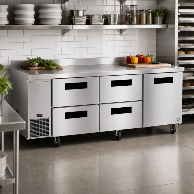 Product image #2 for Hoshizaki Steelheart 93-Inch Three-Section Stainless Steel Worktop Refrigerator with 1 Door and 4 Drawers