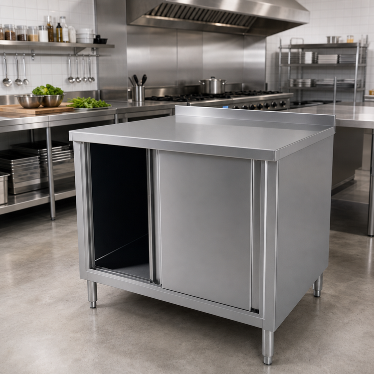 Product image #2 for 72 Inch x 24 Inch Stainless Steel Enclosed Work Table with Sliding Doors and 2 Inch Rear Up-Turn
