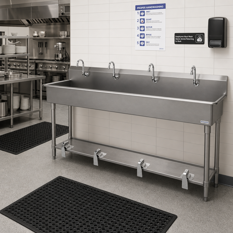 Product image #1 for Advance Tabco 96 Inch 4-Station Toe-Push Multi-Wash Hand Sink with Gooseneck Spouts