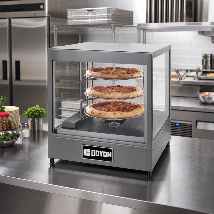 Product image #2 for Doyon Countertop Hot Food Display Case with Rotating Three-Tier Rack, 3-Pizza Capacity