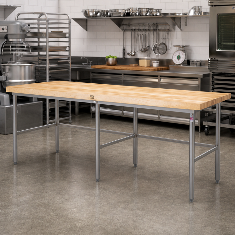 Product image #2 for John Boos Stainless Steel Baker's Table Frame for 84 x 30 Inch Top with Bin Stops and Guides