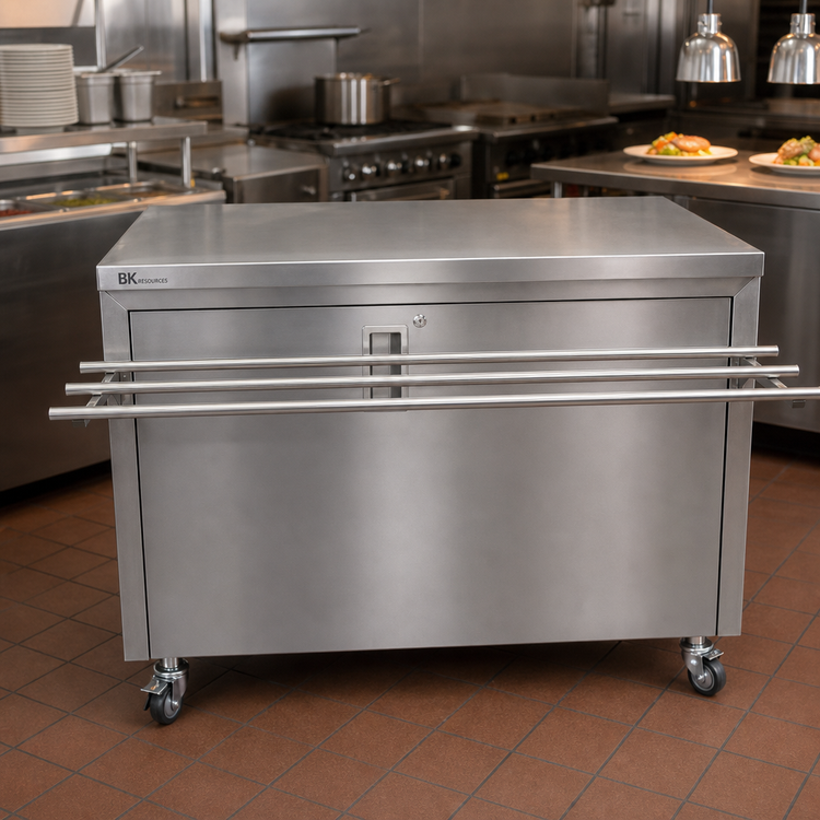 Product image #2 for BK Resources 48-Inch x 30-Inch Stainless Steel Serving Counter with Hinged Door, Lock, and Tray Shelf
