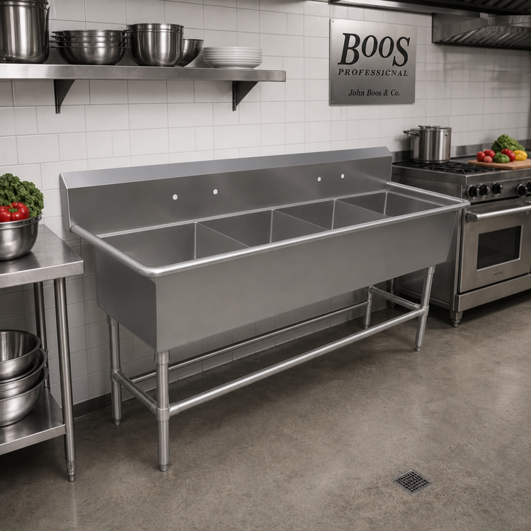 Product image #2 for John Boos Pro-Bowl 4-Compartment Freestanding Stainless Steel Sink with 10-Inch Boxed Backsplash
