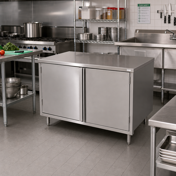 Product image #2 for BK Resources Stainless Steel Chef Table with Cabinet Base and Hinged Doors, 48 x 24 Inches