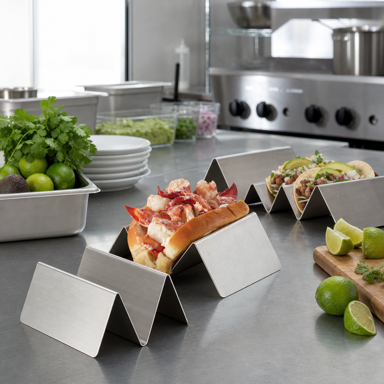 Product image #2 for Full-Size Brushed Stainless Steel Taco Holder, 1 or 2 Compartments