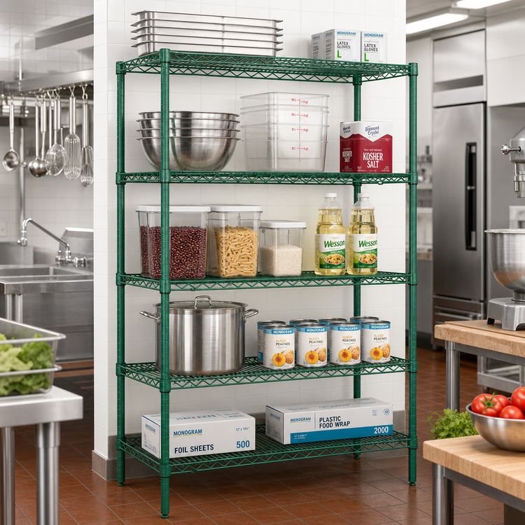 Product image #2 for Quantum 60"W x 21"D x 63"H Wire Shelving Starter Kit, 4-Shelf, Green Epoxy Antimicrobial Finish