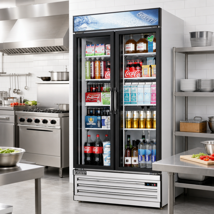 Product image #2 for Everest Refrigeration EMSGR33 Two-Section Reach-In Glass Door Merchandiser Refrigerator, 36 Cu. Ft., Bottom-Mounted R290