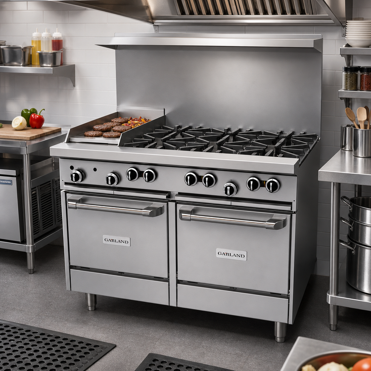 Product image #2 for Garland G Starfire Pro 48-Inch Gas Restaurant Range with 6 Open Burners, 12-Inch Griddle, and 2 Space-Saver Ovens