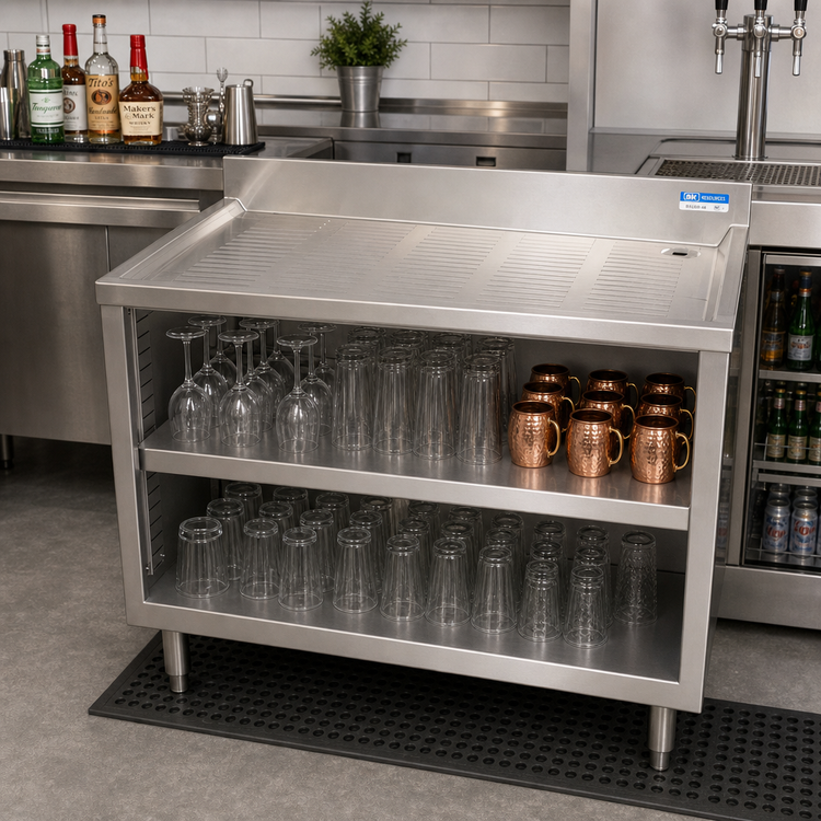 Product image #3 for BK Resources 48-Inch Stainless Steel Underbar Glass Rack Unit with Drainboard Top, Open Front Base, and Adjustable Shelf