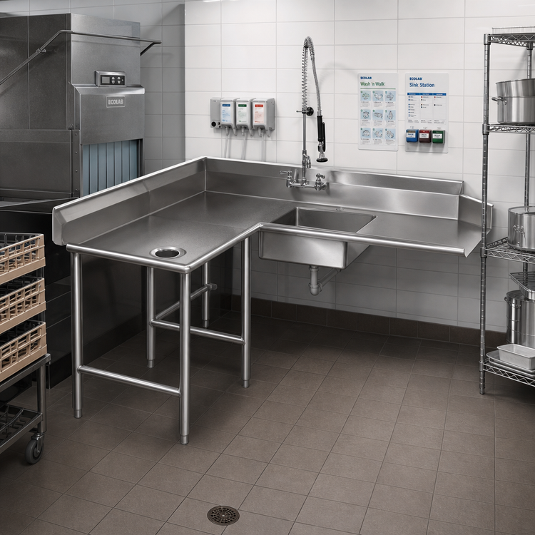 Product image #2 for Eagle Group Corner Soiled Dishtable, 96-Inch Machine-to-Corner x 60-Inch Corner-to-End, Left-to-Right Operation, 16/430 Stainless Steel