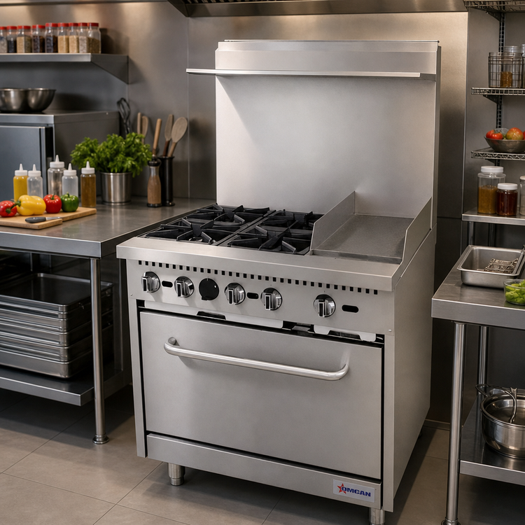 Product image #2 for Omcan 36-Inch Commercial Natural Gas Range with 4 Burners, Right 12-Inch Griddle and Standard Oven