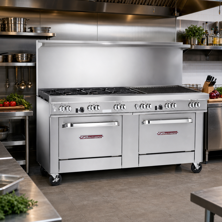 Product image #2 for Southbend Ultimate 72-Inch Gas Restaurant Range with 3 Sauté Burners, 2 Pyromax Burners, 36-Inch Charbroiler, and 2 Standard Ovens