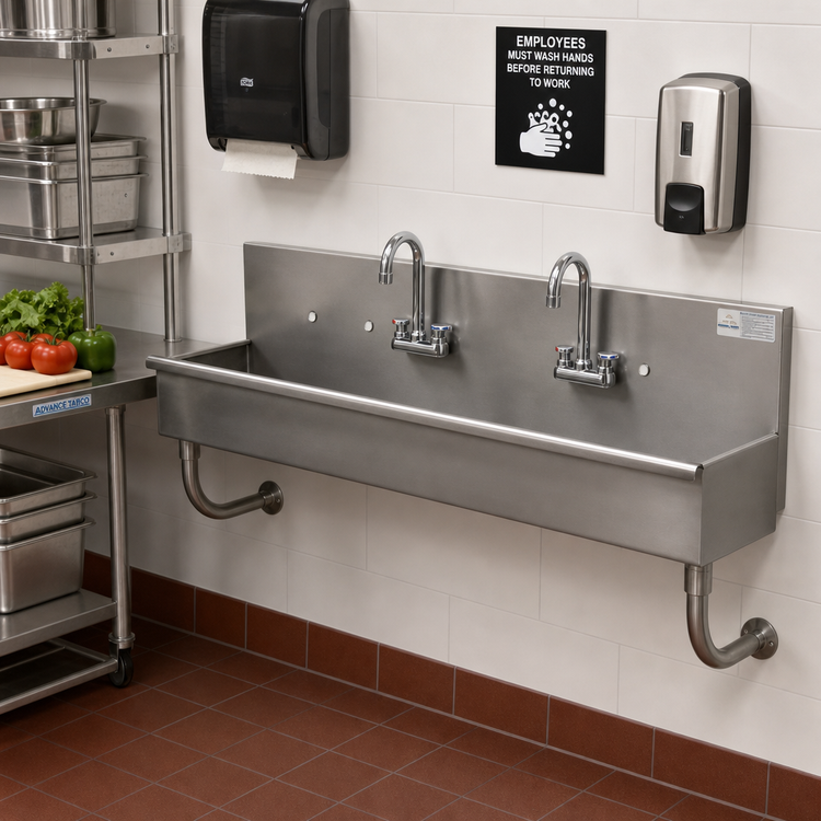 Product image #2 for Advance Tabco 2-Station Wall-Mounted Square-Corner Hand Wash Sink with Tubular Supports, 40 Inch, 16-Gauge 304 Stainless Steel