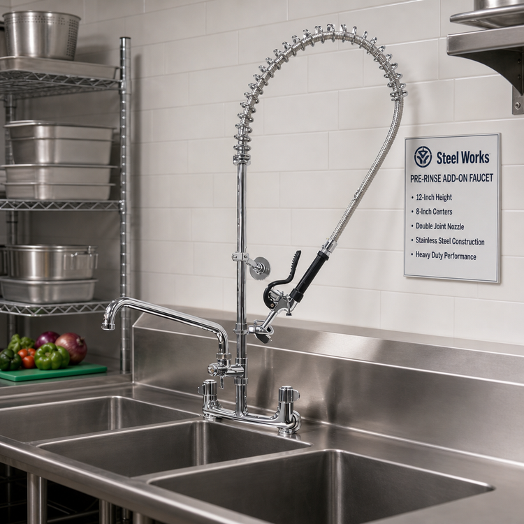 Product image #2 for Steel Works Stainless Heavy Duty 12-Inch Pre-Rinse Add-On Faucet, 8-Inch Centers, Double Joint Nozzle