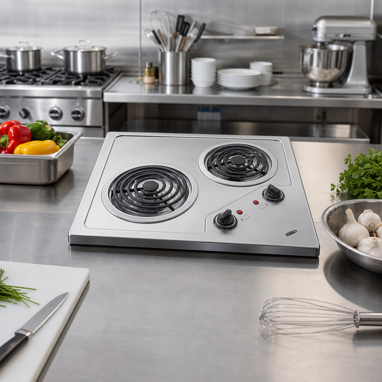 Product image #2 for Summit CR2B122 Two-Burner Electric Cooktop with Coil Elements, Stainless Steel, Portrait or Landscape Mount