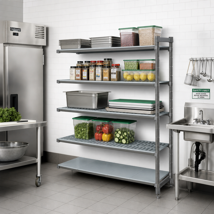 Product image #2 for Cambro Camshelving Basics Plus 4-Tier Add-On Polymer Shelving Unit, 24" Deep x 48" Wide x 84" High, Vented and Solid Shelves