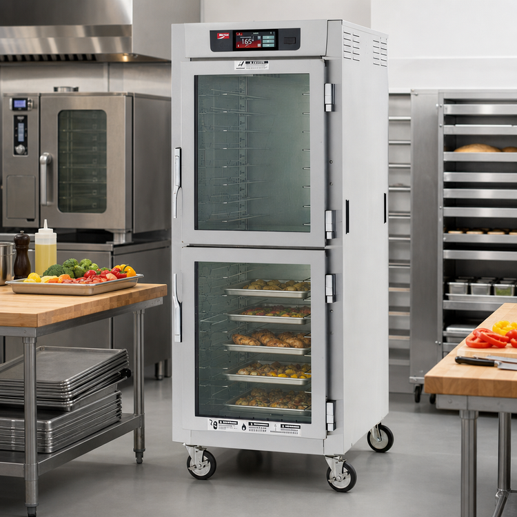 Product image #2 for Metro C5 8 Series Mobile Full-Height Pass-Thru Controlled Temperature Heated Holding Cabinet with Dutch Glass and Solid Doors, 17 Sheet Pan Capacity