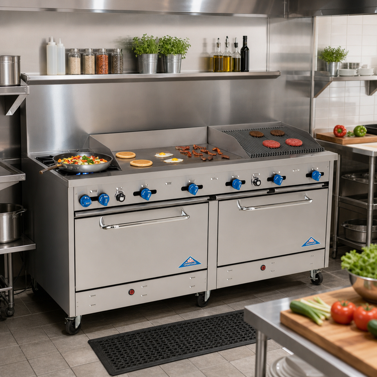 Product image #2 for Comstock-Castle 72-Inch Commercial Gas Range with 2 Open Burners, 36-Inch Griddle, 24-Inch Charbroiler, and 2 Ovens
