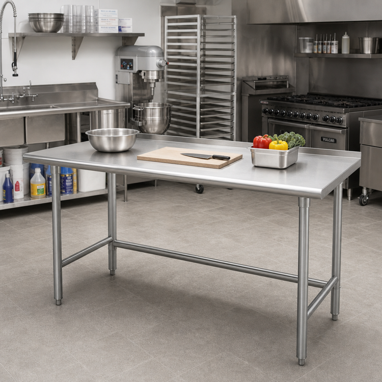 Product image #2 for Advance Tabco Special Value 84-Inch x 30-Inch 16-Gauge 304 Stainless Steel Open Base Work Table with 1-1/2-Inch Rear Up-Turn