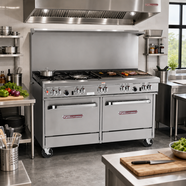 Product image #2 for Ultimate 60-Inch Commercial Gas Restaurant Range with 4 Open Burners, 36-Inch Charbroiler, and Double Convection Ovens