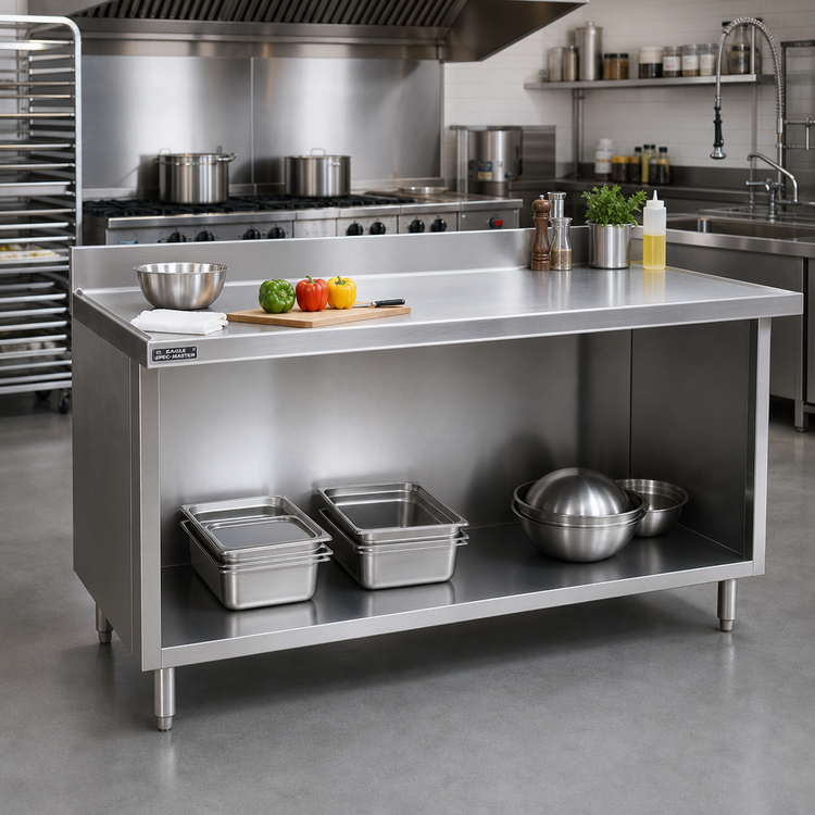 Product image #2 for Eagle Spec-Master Marine Series 96-Inch x 30-Inch 14-Gauge 304 Stainless Steel Work Table with Open Front Cabinet Base and 1-1/2-Inch Rear Up-Turn
