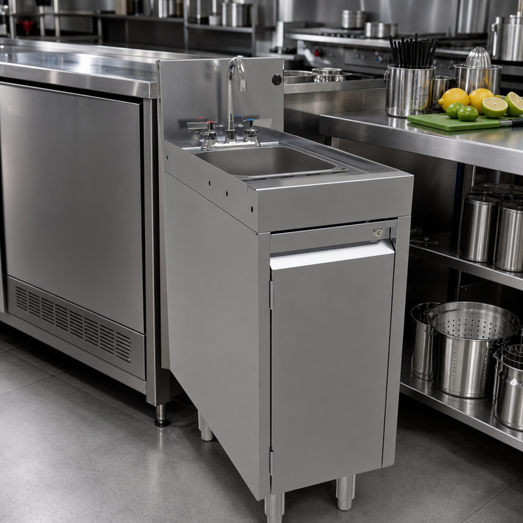 Product image #2 for Glastender Underbar Wet Waste Sink with Cabinet Base, Hinged Door and Gooseneck Faucet, 12-Inch W x 24-Inch D