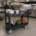 Thumbnail image #2 for Rubbermaid Commercial Products FG454610BLA Heavy-Duty Plastic Bus Cart, 2 Shelves, 750 lb. Capacity, Black, Pneumatic Casters