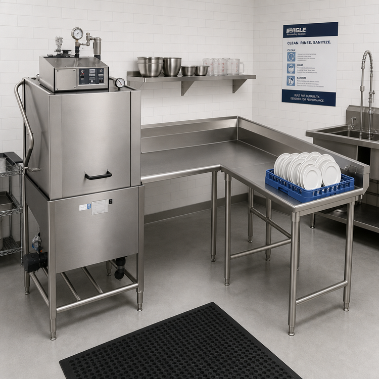 Product image #2 for Eagle Group Right-Hand Corner Clean Dishtable, 72 Inch Machine-to-Corner x 60 Inch Corner-to-End, 30 Inch Working Depth, 16 Gauge 304 Stainless Steel