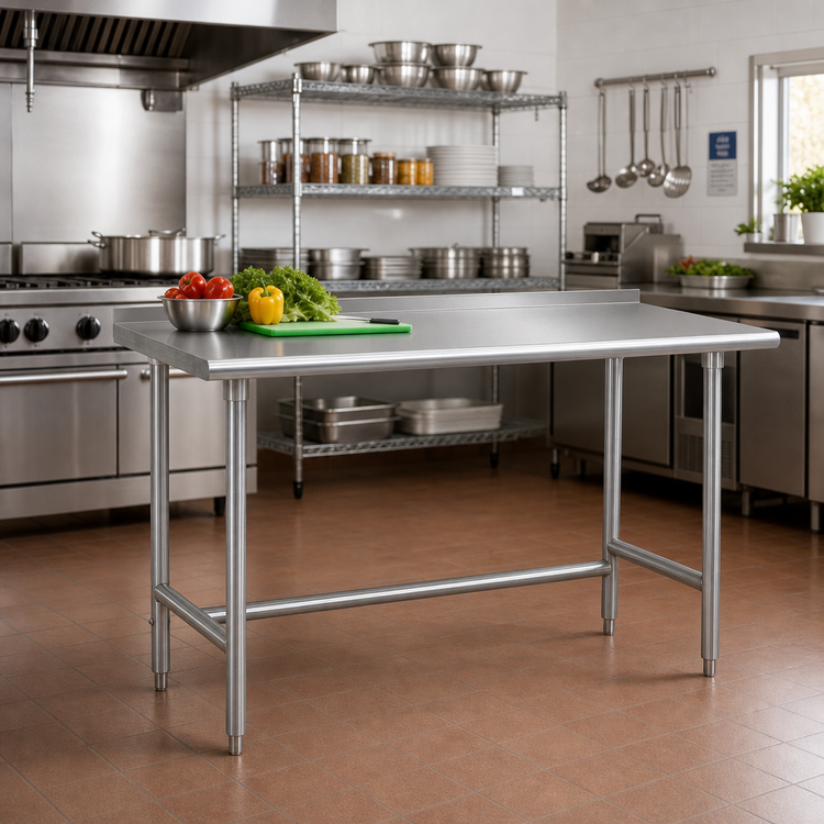 Product image #2 for Advance Tabco Open Base Work Table, 60"W x 36"D, 14-Gauge 304 Stainless Steel Top, Galvanized Legs, 1-1/2" Rear Up-Turn