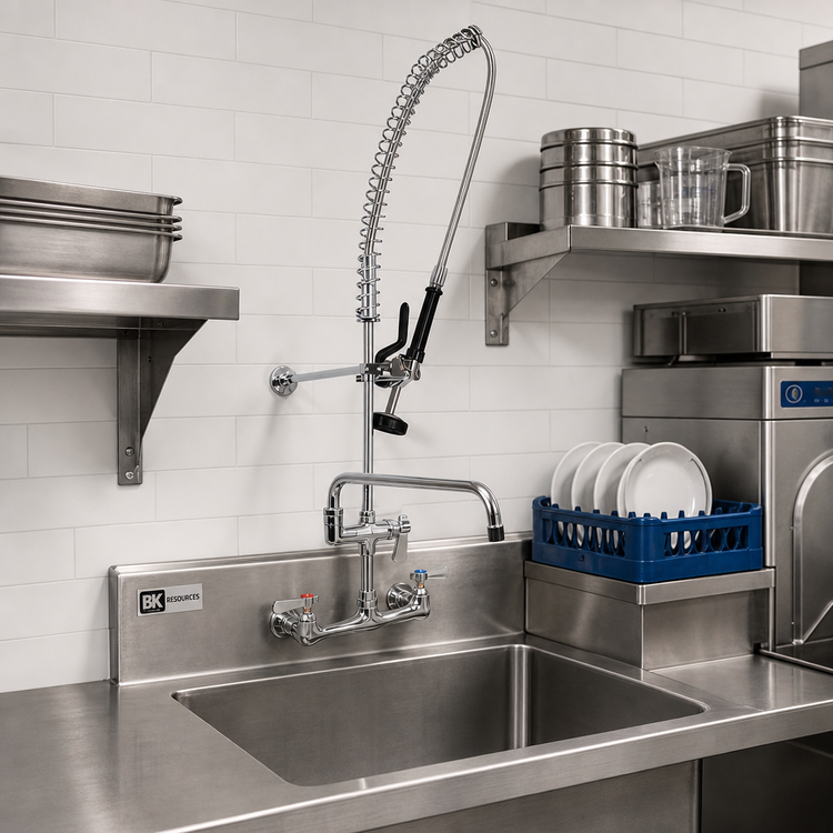Product image #2 for BK Resources WorkForce Lead-Free 8-Inch Splash Mount Pre-Rinse Assembly with Add-On Faucet and 8-Inch Swing Spout