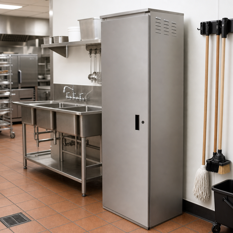 Product image #3 for Advance Tabco Stainless Steel Single-Door Mop Sink Cabinet with 16 x 20 x 12 Bowl, 25-3/16"W x 23"D x 84"H